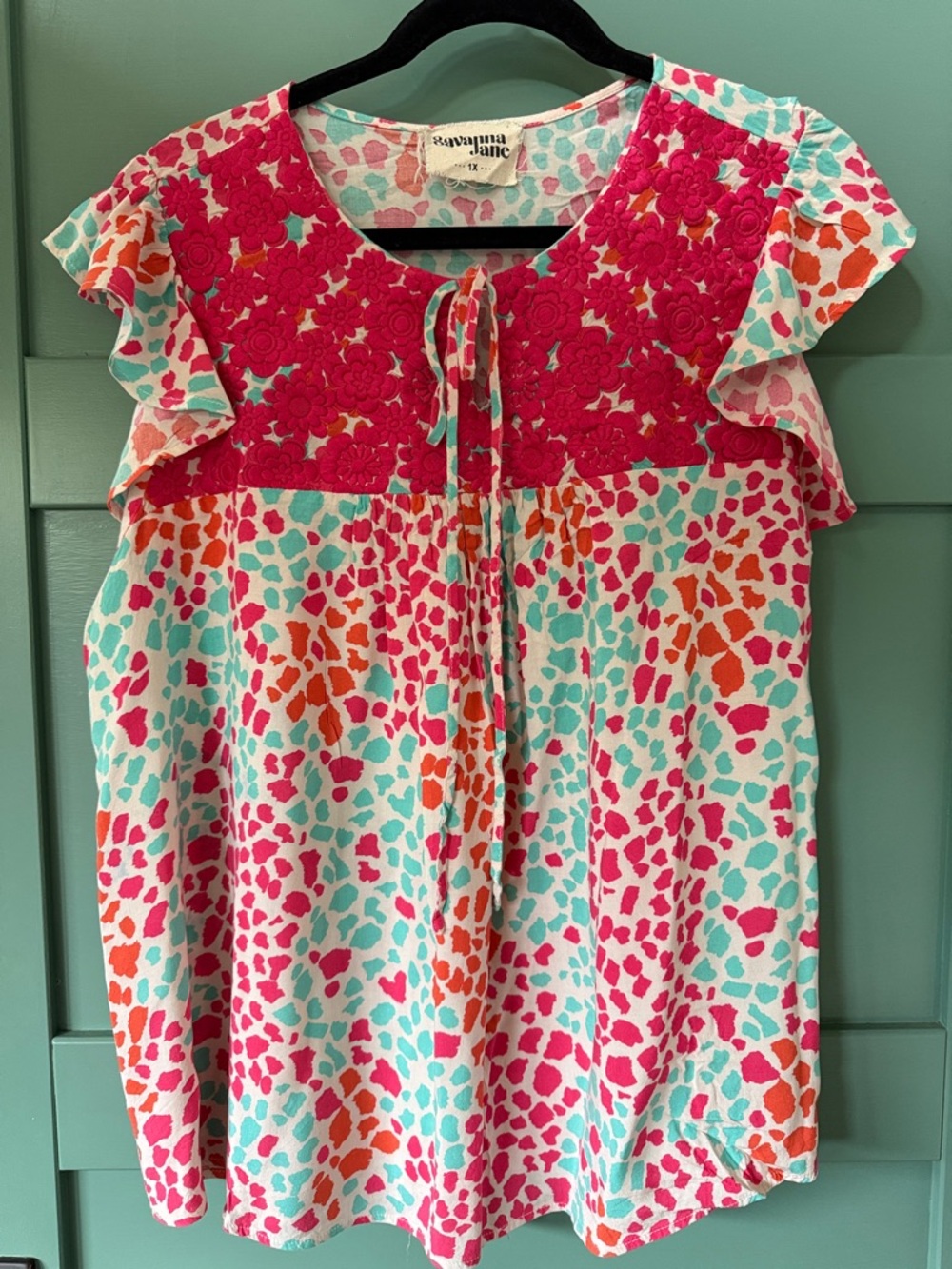 Savanna Jane Pink, Teal & Orange Floral Embroidered Tie-Front Top